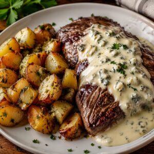 Vacio al horno con salsa de roquefort
